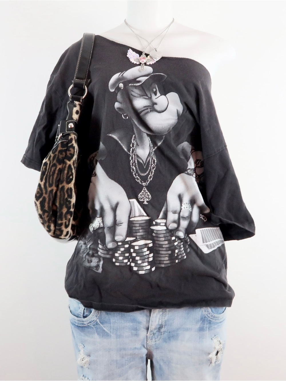 Black Off-Shoulder Graphic Short Sleeve Women’s Tee